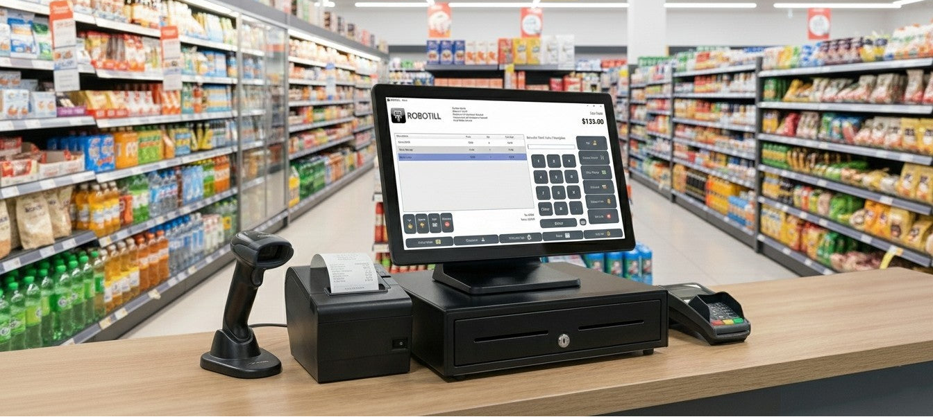 Cash register in a grocery store with shelves of products in the background